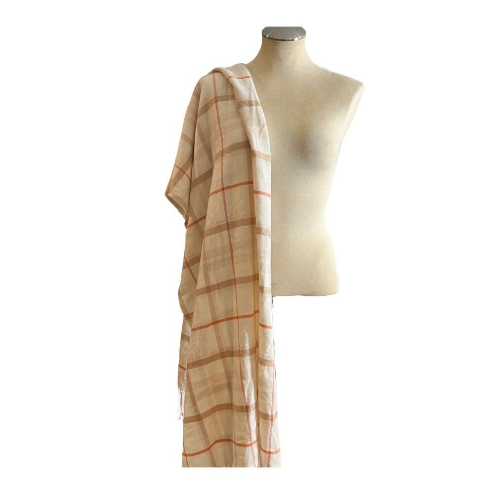 H&M Women's Plaid Fringe Scarf Wrap Shawl Cream Orange Tan - Picture 4 of 9